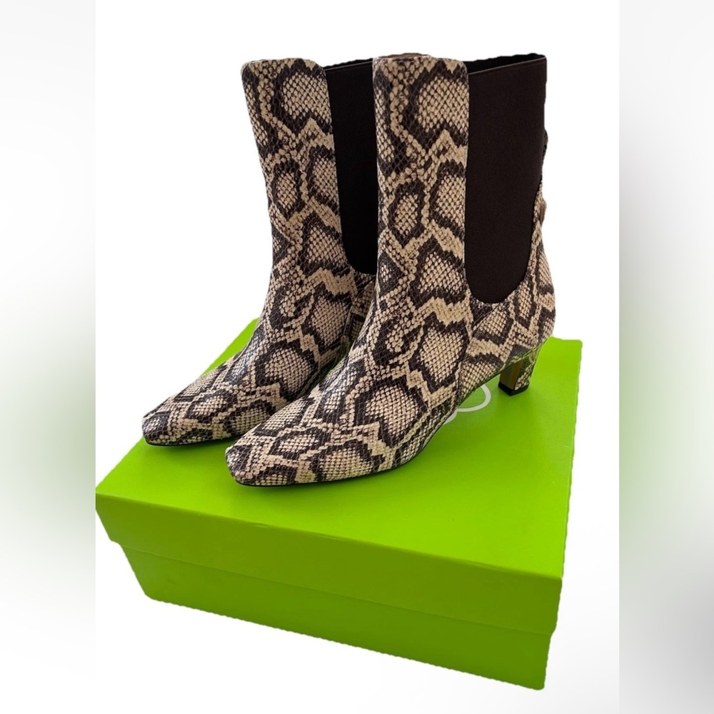 Sam Edelman Margo Booties Boots Tan Roccia Grey Snakeskin Print Kitten Heel Sz 7